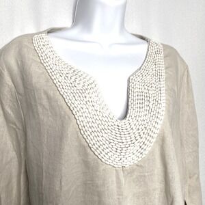 Isaac Mizrahi New York Women Beige Linen Blend Beaded V-Neck Tunic Top Large NWT